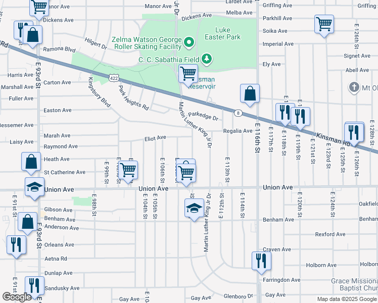 map of restaurants, bars, coffee shops, grocery stores, and more near 3410 East 110th Street in Cleveland