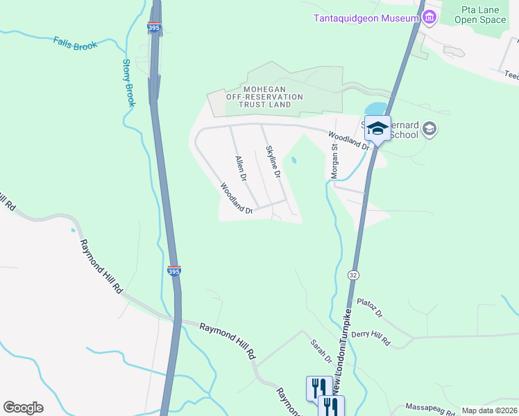map of restaurants, bars, coffee shops, grocery stores, and more near Woodland Drive & Allen Drive in Montville
