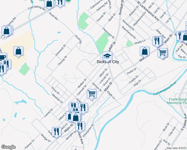 map of restaurants, bars, coffee shops, grocery stores, and more near 1029 Carmalt St in Dickson City