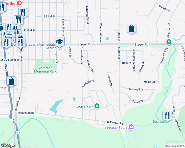 map of restaurants, bars, coffee shops, grocery stores, and more near 254 Durham Drive in Steger