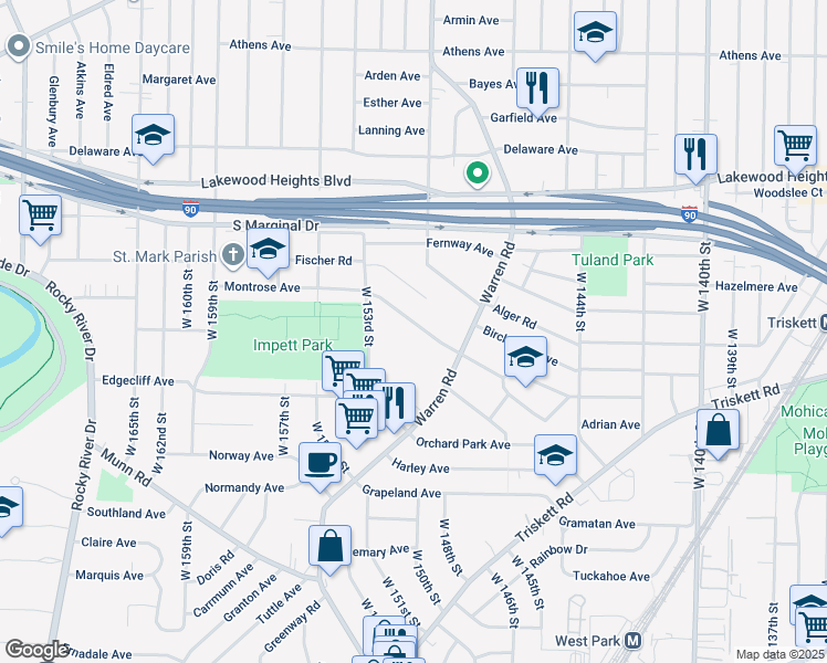 map of restaurants, bars, coffee shops, grocery stores, and more near 15001 Montrose Avenue in Cleveland