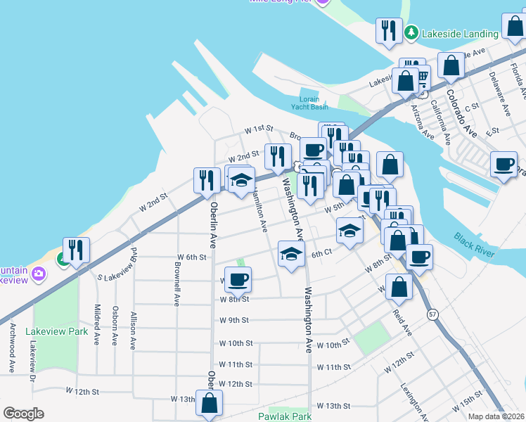 map of restaurants, bars, coffee shops, grocery stores, and more near 419 Hamilton Avenue in Lorain