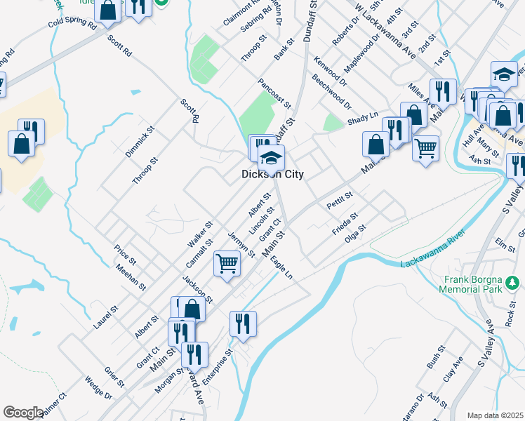 map of restaurants, bars, coffee shops, grocery stores, and more near 1057 Lincoln St in Dickson City