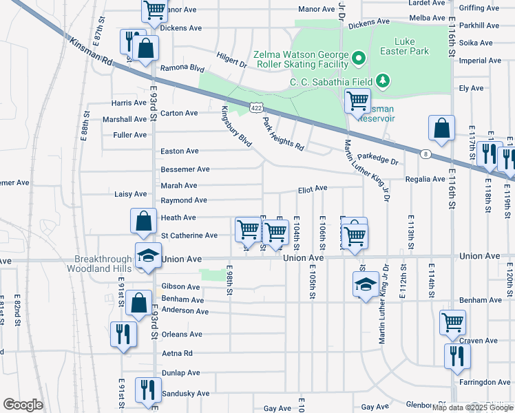 map of restaurants, bars, coffee shops, grocery stores, and more near 3402 E 102nd St in Cleveland