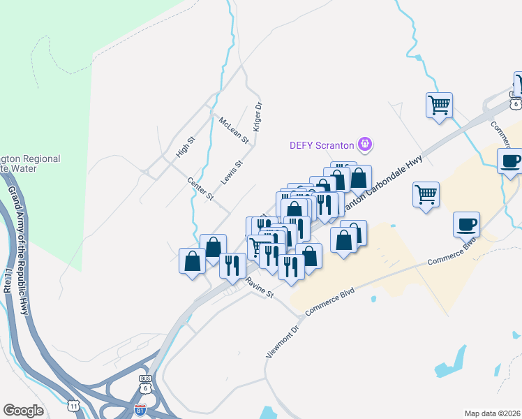 map of restaurants, bars, coffee shops, grocery stores, and more near 619 Griffin St in Scranton