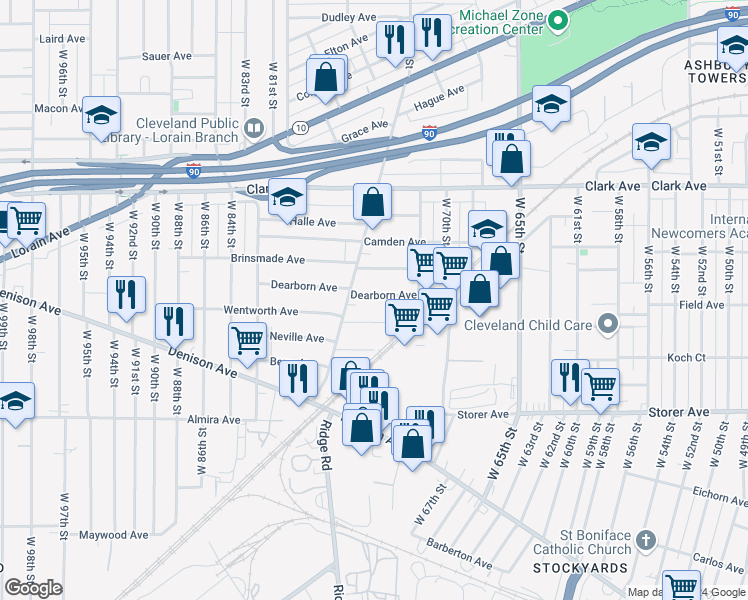map of restaurants, bars, coffee shops, grocery stores, and more near 7211 Dearborn Avenue in Cleveland
