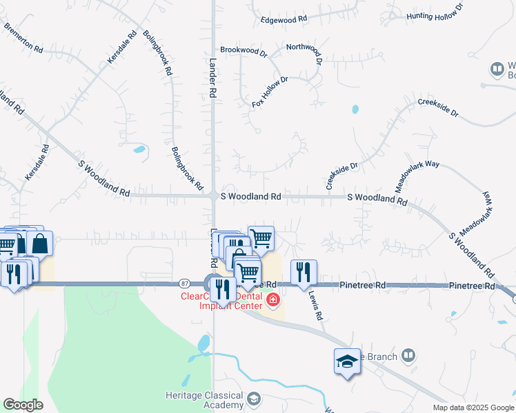 map of restaurants, bars, coffee shops, grocery stores, and more near 30800 South Woodland Road in Pepper Pike