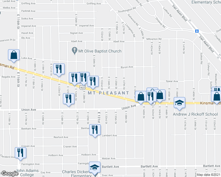 map of restaurants, bars, coffee shops, grocery stores, and more near 3419 East 134th Street in Cleveland