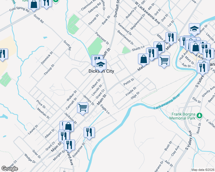 map of restaurants, bars, coffee shops, grocery stores, and more near 510 Dundaff St in Dickson City