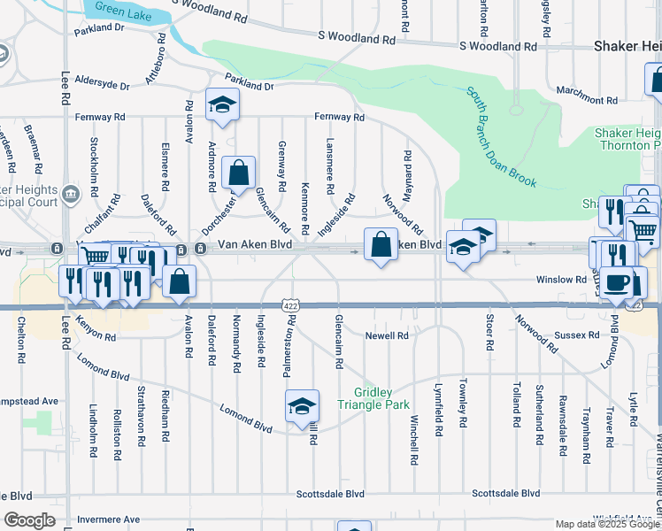 map of restaurants, bars, coffee shops, grocery stores, and more near 3449 Glencairn Road in Shaker Heights
