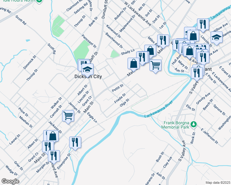 map of restaurants, bars, coffee shops, grocery stores, and more near 410 Mary St in Dickson City