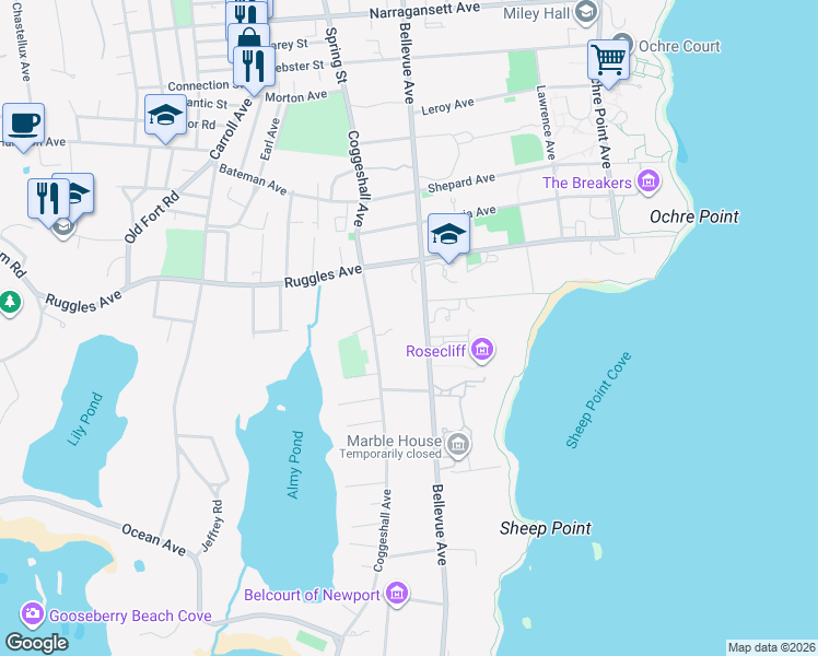 map of restaurants, bars, coffee shops, grocery stores, and more near in Newport