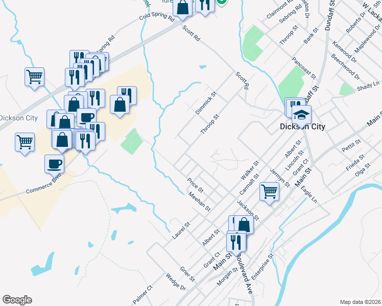 map of restaurants, bars, coffee shops, grocery stores, and more near 900 Throop St in Dickson City