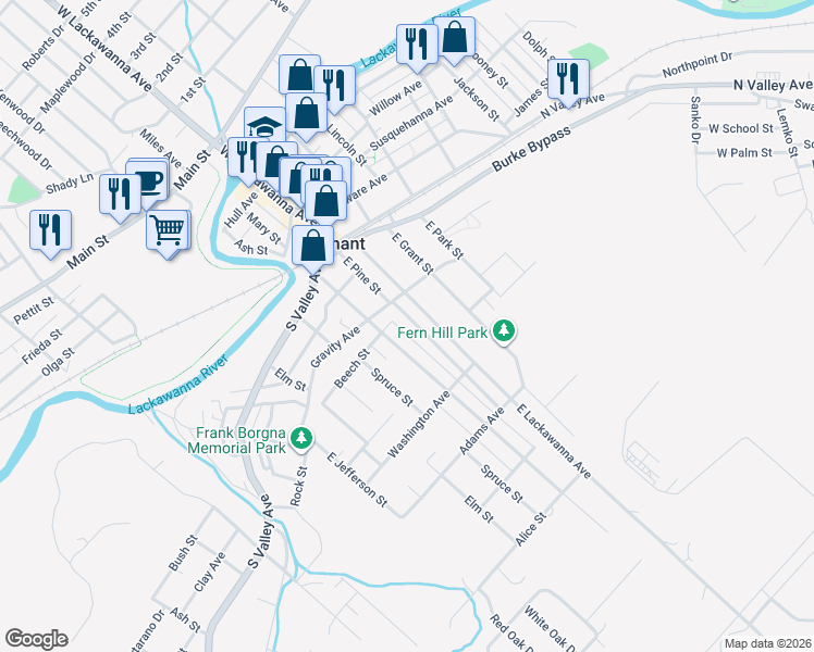 map of restaurants, bars, coffee shops, grocery stores, and more near 613 1/2 E Pine St in Olyphant