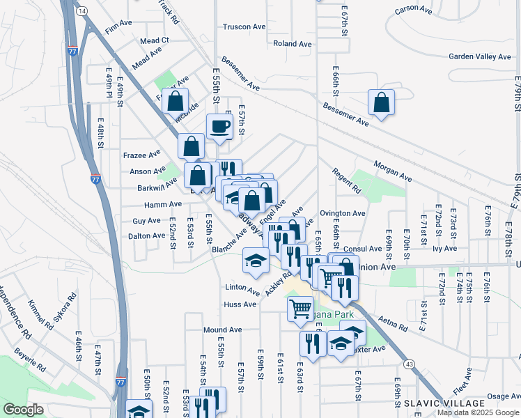 map of restaurants, bars, coffee shops, grocery stores, and more near 5949 Engel Avenue in Cleveland