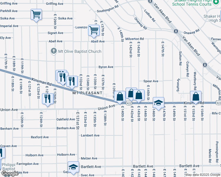 map of restaurants, bars, coffee shops, grocery stores, and more near 3420 East 139th Street in Cleveland