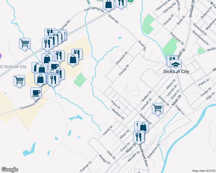 map of restaurants, bars, coffee shops, grocery stores, and more near 900 Throop St in Dickson City