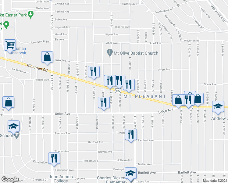 map of restaurants, bars, coffee shops, grocery stores, and more near 12610 Kinsman Road in Cleveland