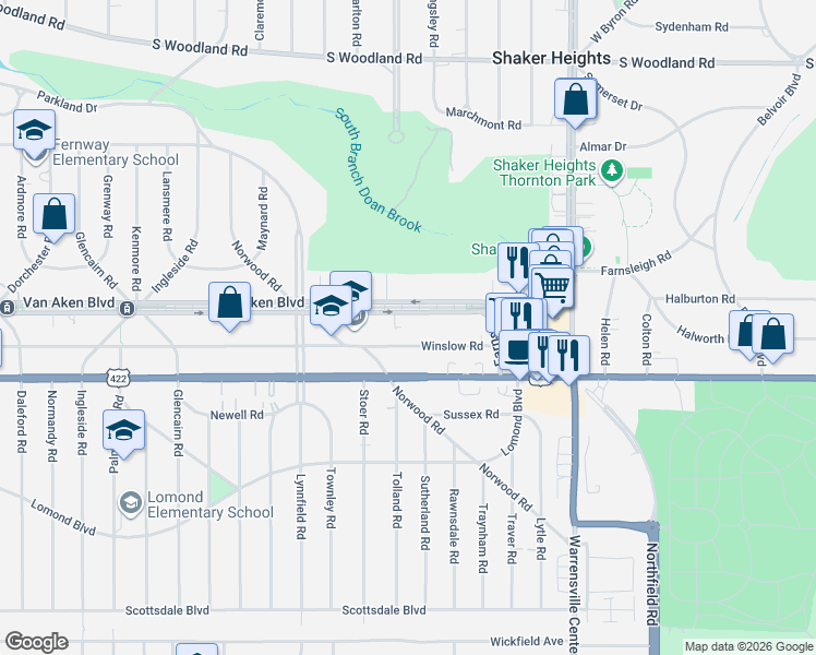 map of restaurants, bars, coffee shops, grocery stores, and more near 19250 Van Aken Boulevard in Shaker Heights