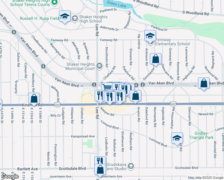 map of restaurants, bars, coffee shops, grocery stores, and more near Winslow Court in Shaker Heights