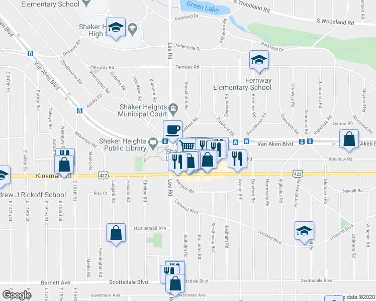map of restaurants, bars, coffee shops, grocery stores, and more near 16650 Van Aken Boulevard in Shaker Heights