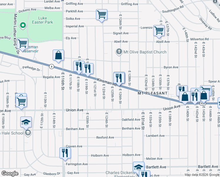 map of restaurants, bars, coffee shops, grocery stores, and more near 12502 Kinsman Road in Cleveland