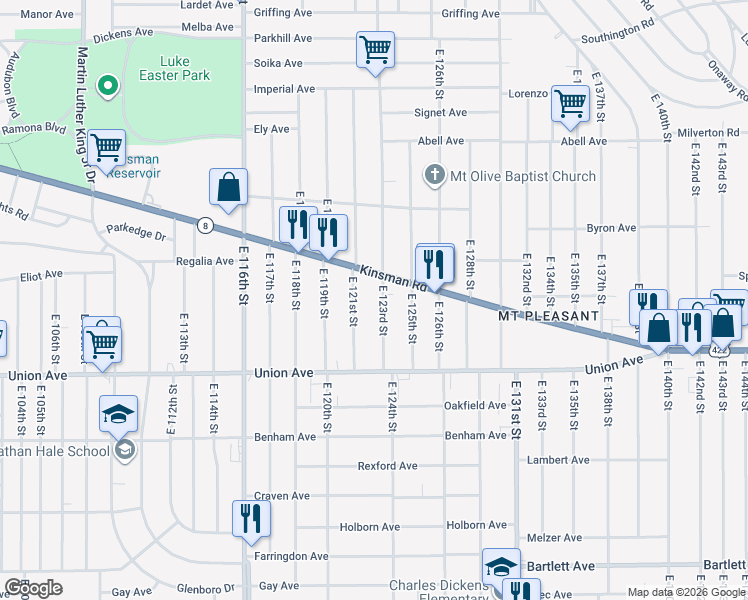 map of restaurants, bars, coffee shops, grocery stores, and more near 3406 East 123rd Street in Cleveland