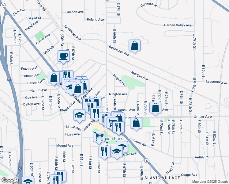map of restaurants, bars, coffee shops, grocery stores, and more near 6611 Ovington Avenue in Cleveland