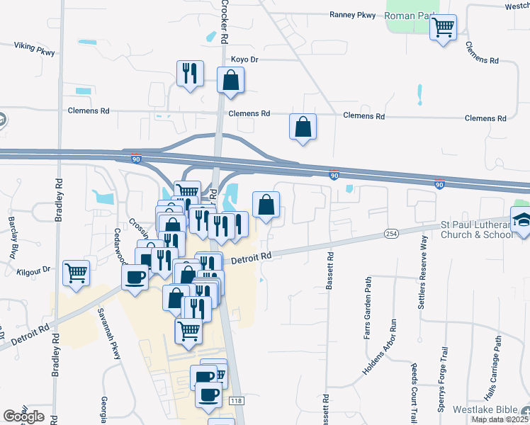 map of restaurants, bars, coffee shops, grocery stores, and more near 1354 Bobby Lane in Westlake