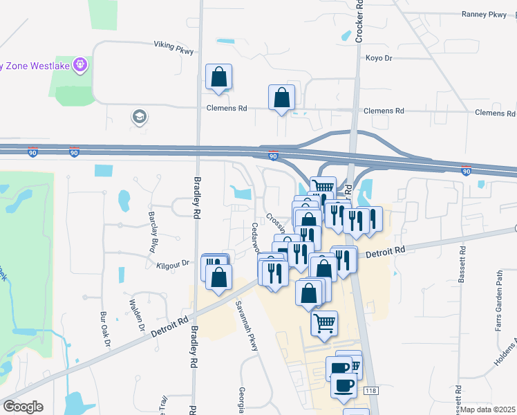 map of restaurants, bars, coffee shops, grocery stores, and more near 1544 Cedarwood Drive in Westlake