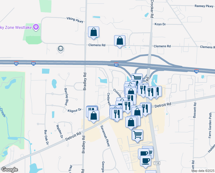 map of restaurants, bars, coffee shops, grocery stores, and more near 1544 Cedarwood Drive in Westlake