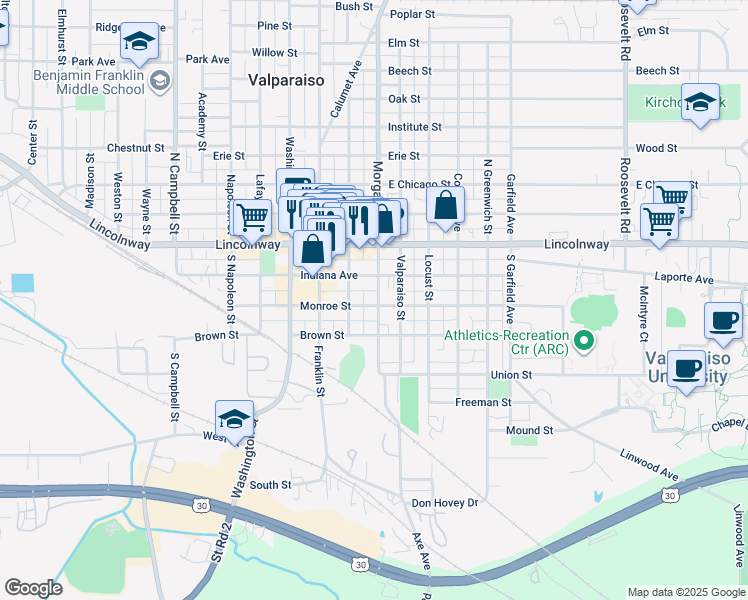 map of restaurants, bars, coffee shops, grocery stores, and more near 177-199 Morgan Blvd in Valparaiso