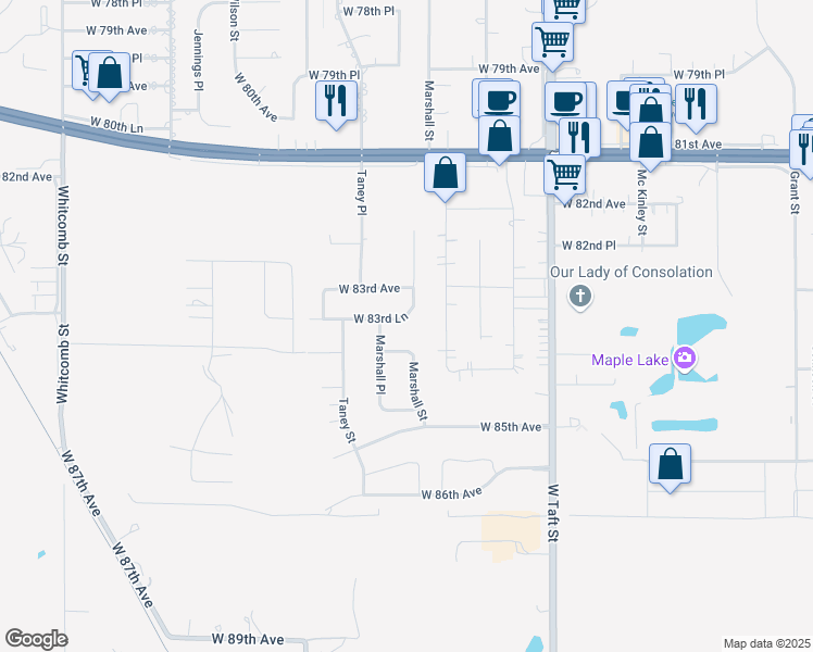 map of restaurants, bars, coffee shops, grocery stores, and more near 2726 W 84th Pl in Merrillville