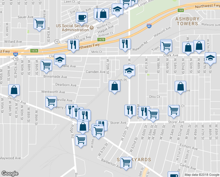 map of restaurants, bars, coffee shops, grocery stores, and more near 3270 West 67th Place in Cleveland