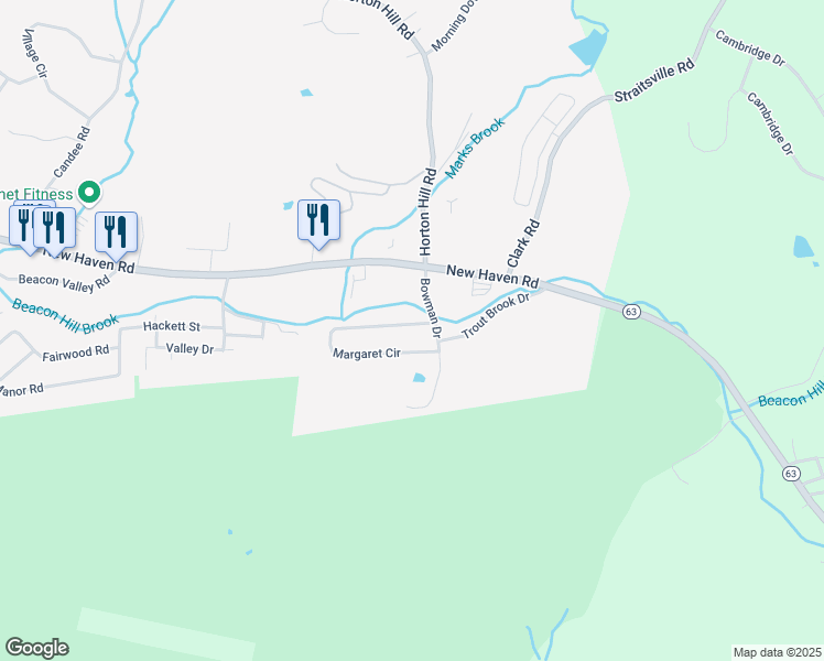 map of restaurants, bars, coffee shops, grocery stores, and more near 28 Margaret Circle in Naugatuck