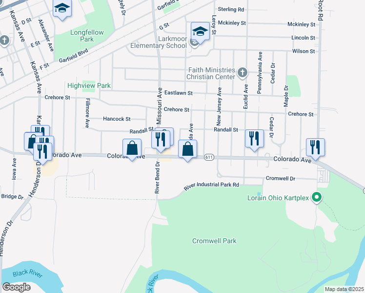 map of restaurants, bars, coffee shops, grocery stores, and more near 1631 Nebraska Avenue in Lorain