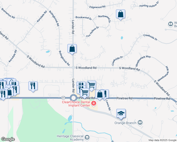 map of restaurants, bars, coffee shops, grocery stores, and more near 30800 South Woodland Road in Pepper Pike