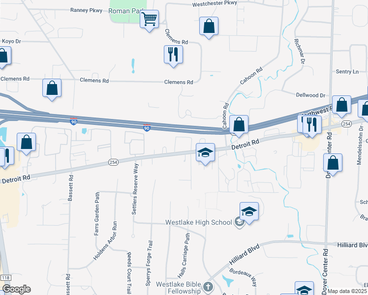 map of restaurants, bars, coffee shops, grocery stores, and more near 28200 Detroit Road in Westlake