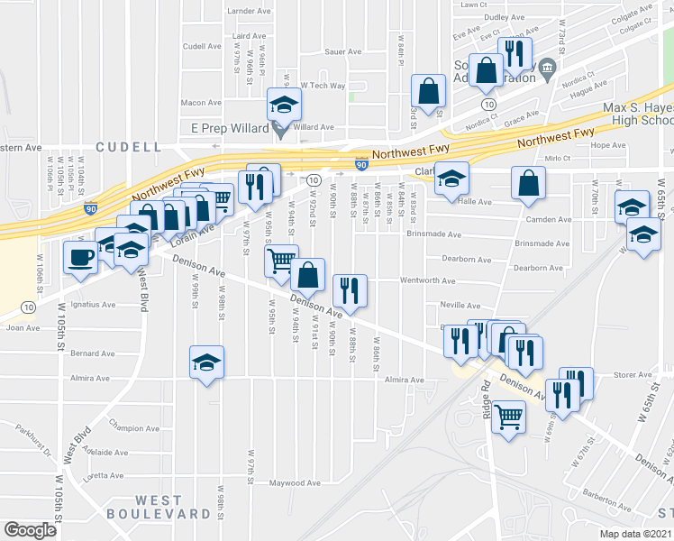 map of restaurants, bars, coffee shops, grocery stores, and more near 3221 West 90th Street in Cleveland
