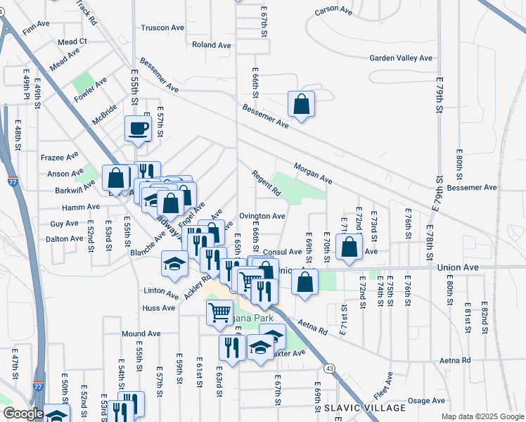 map of restaurants, bars, coffee shops, grocery stores, and more near 6611 Ovington Avenue in Cleveland