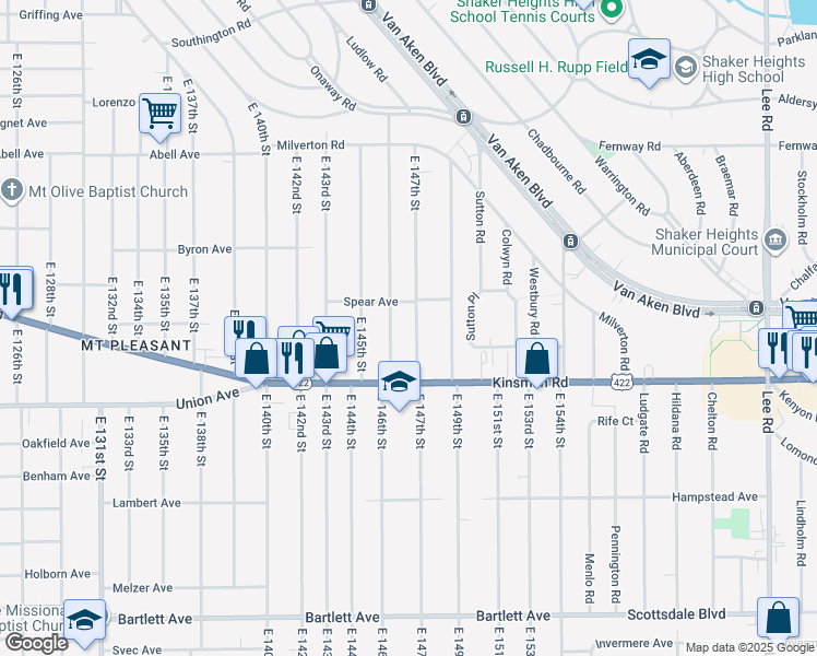 map of restaurants, bars, coffee shops, grocery stores, and more near 3436 E 147th St in Cleveland