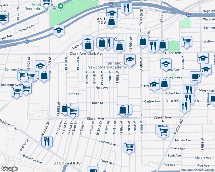 map of restaurants, bars, coffee shops, grocery stores, and more near 3230 W 50th St in Cleveland