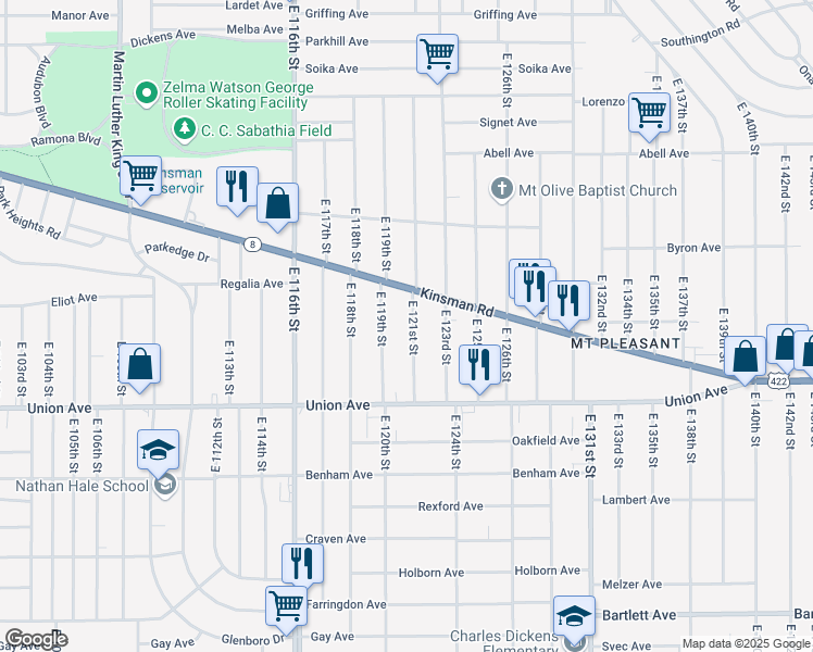 map of restaurants, bars, coffee shops, grocery stores, and more near 3406 East 121st Street in Cleveland