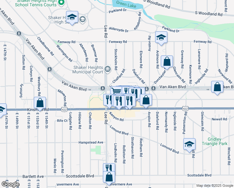 map of restaurants, bars, coffee shops, grocery stores, and more near 16650 Van Aken Boulevard in Shaker Heights