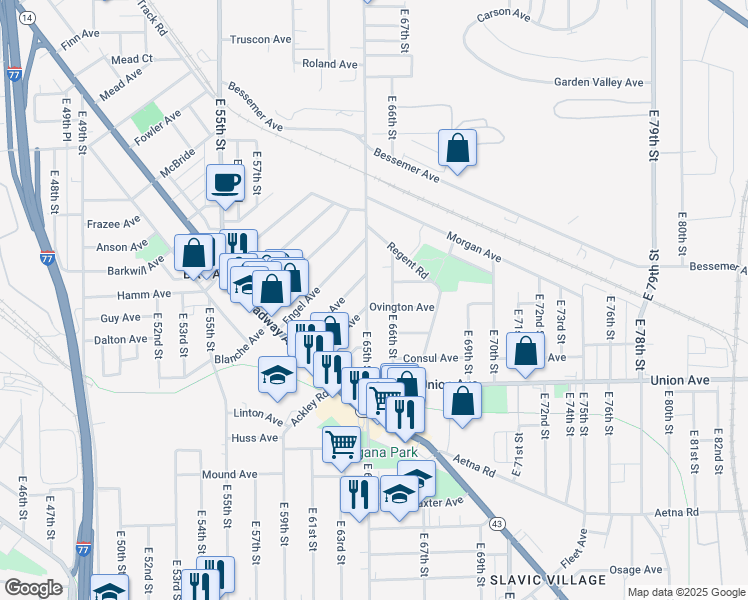 map of restaurants, bars, coffee shops, grocery stores, and more near 3395 East 65th Street in Cleveland