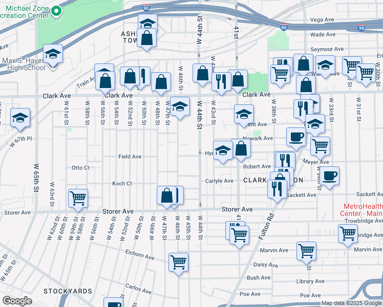 map of restaurants, bars, coffee shops, grocery stores, and more near 4432 Hyde Avenue in Cleveland