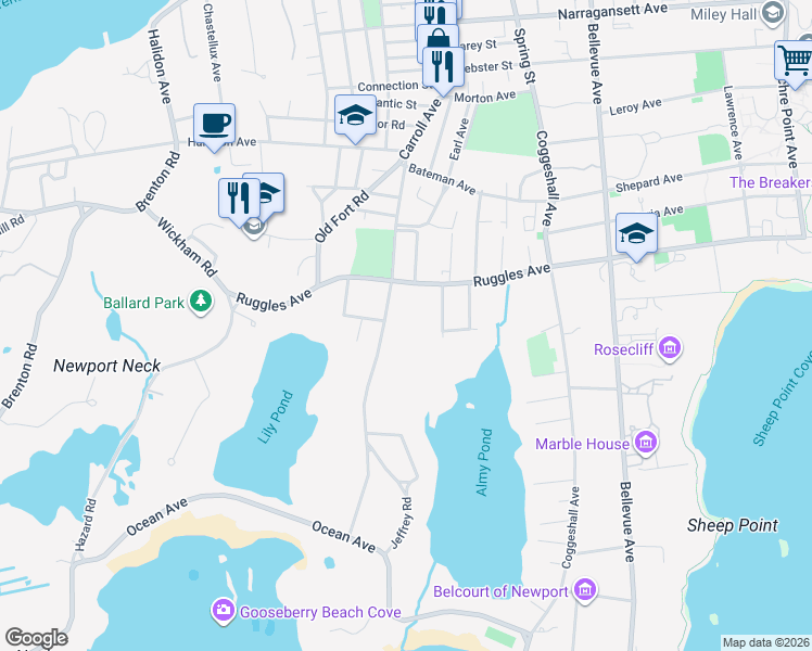 map of restaurants, bars, coffee shops, grocery stores, and more near 126 Carroll Avenue in Newport