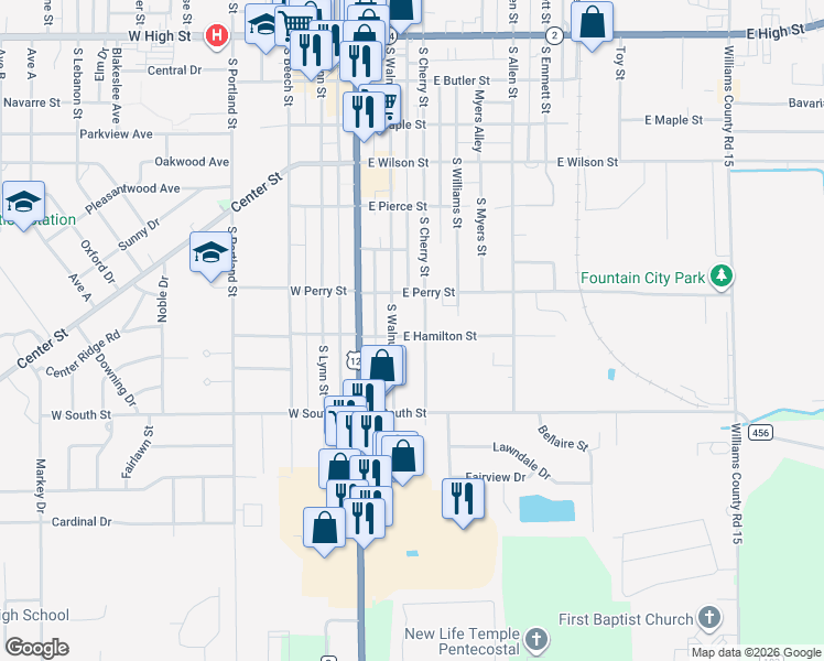 map of restaurants, bars, coffee shops, grocery stores, and more near 215 East Hamilton Street in Bryan