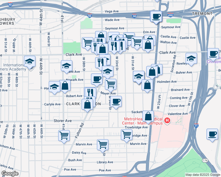 map of restaurants, bars, coffee shops, grocery stores, and more near 3325 Roehl Avenue in Cleveland