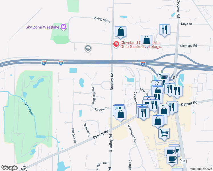 map of restaurants, bars, coffee shops, grocery stores, and more near 1 Bradley Road in Westlake